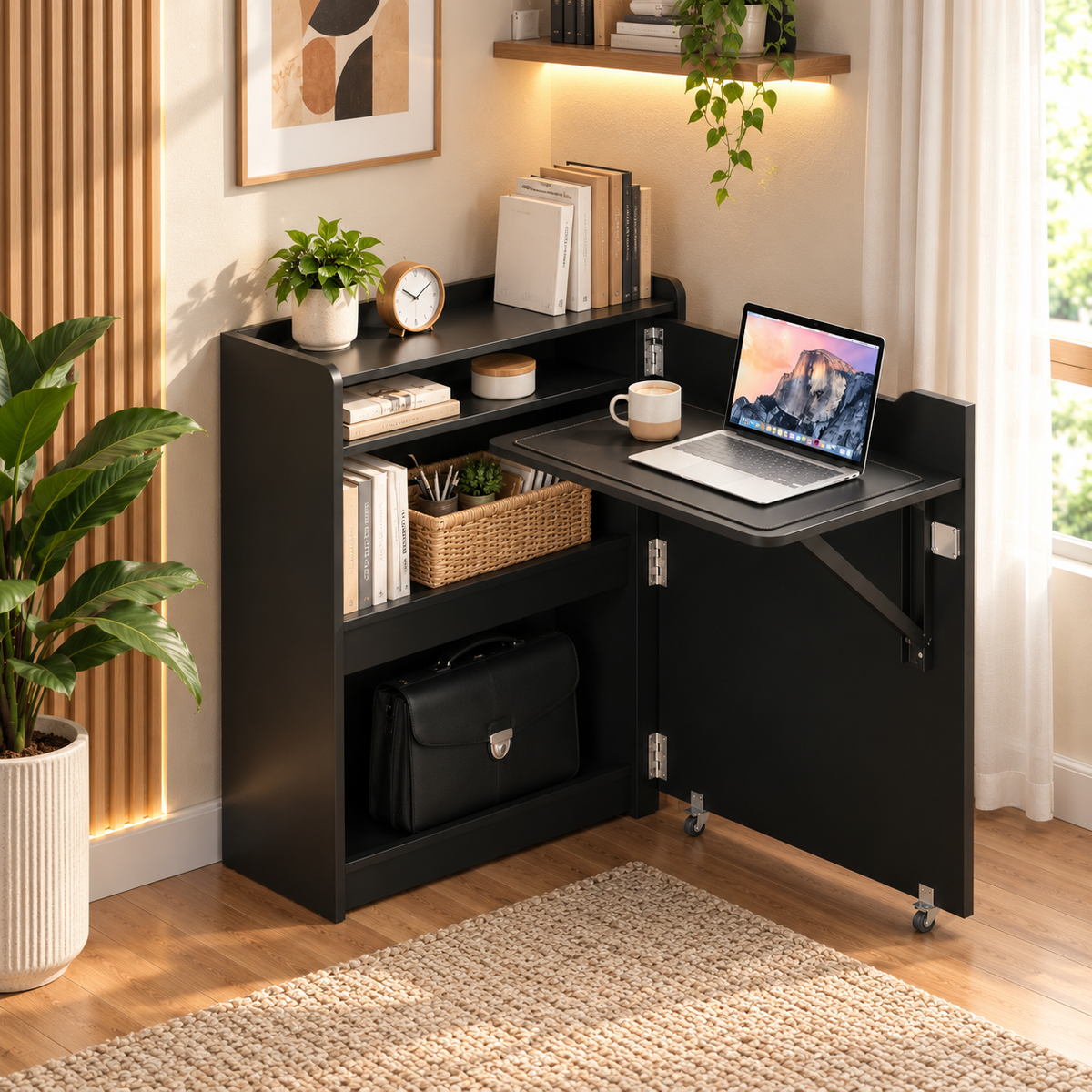 Klaxon Foldable Study Table with Drawer & Storage Shelf | Compact Desk for Home & Students | Folding Design with Lockable Wheels. (Black, DIY Installation)