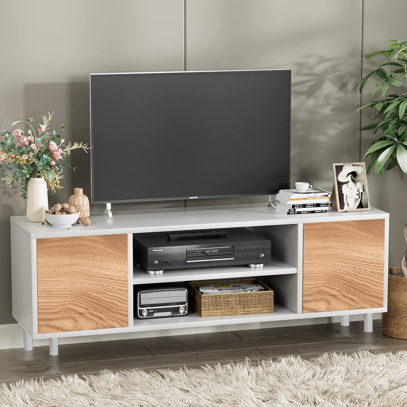 Modern White TV Unit with Metal Legs | Premium Engineered Wood TV Stand with Closed Cabinets & Open Shelves | Entertainment Unit for TVs up to 65 Inch | Stylish Living Room Media Console (Zeno)