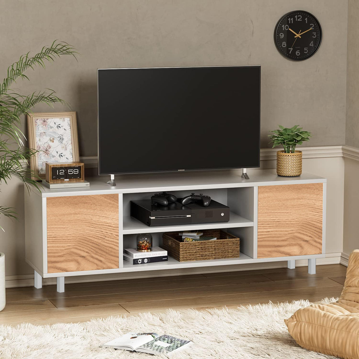 Modern White TV Unit with Metal Legs | Premium Engineered Wood TV Stand with Closed Cabinets & Open Shelves | Entertainment Unit for TVs up to 65 Inch | Stylish Living Room Media Console (Zeno)