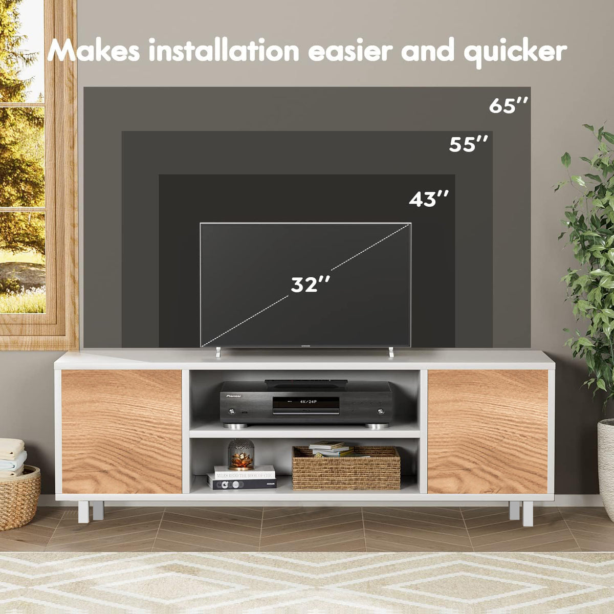 Modern White TV Unit with Metal Legs | Premium Engineered Wood TV Stand with Closed Cabinets & Open Shelves | Entertainment Unit for TVs up to 65 Inch | Stylish Living Room Media Console (Zeno)