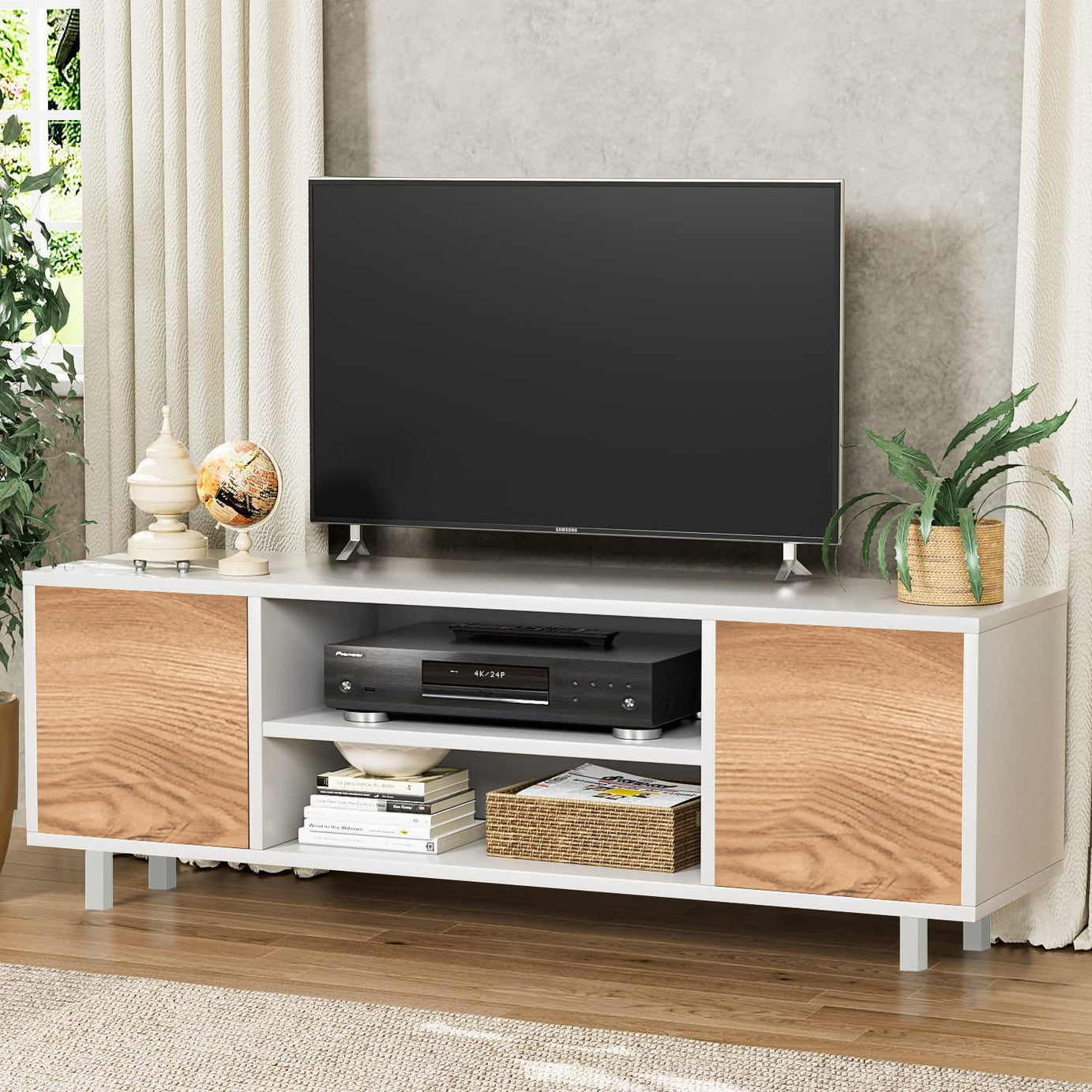 Modern White TV Unit with Metal Legs | Premium Engineered Wood TV Stand with Closed Cabinets & Open Shelves | Entertainment Unit for TVs up to 65 Inch | Stylish Living Room Media Console (Zeno)
