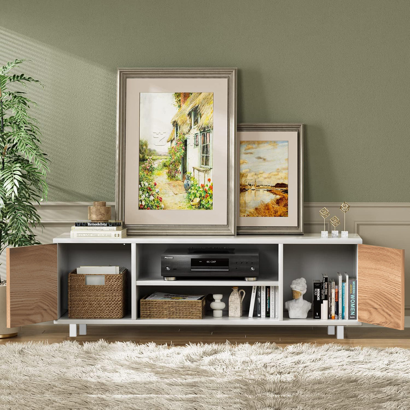 Modern White TV Unit with Metal Legs | Premium Engineered Wood TV Stand with Closed Cabinets & Open Shelves | Entertainment Unit for TVs up to 65 Inch | Stylish Living Room Media Console (Zeno)