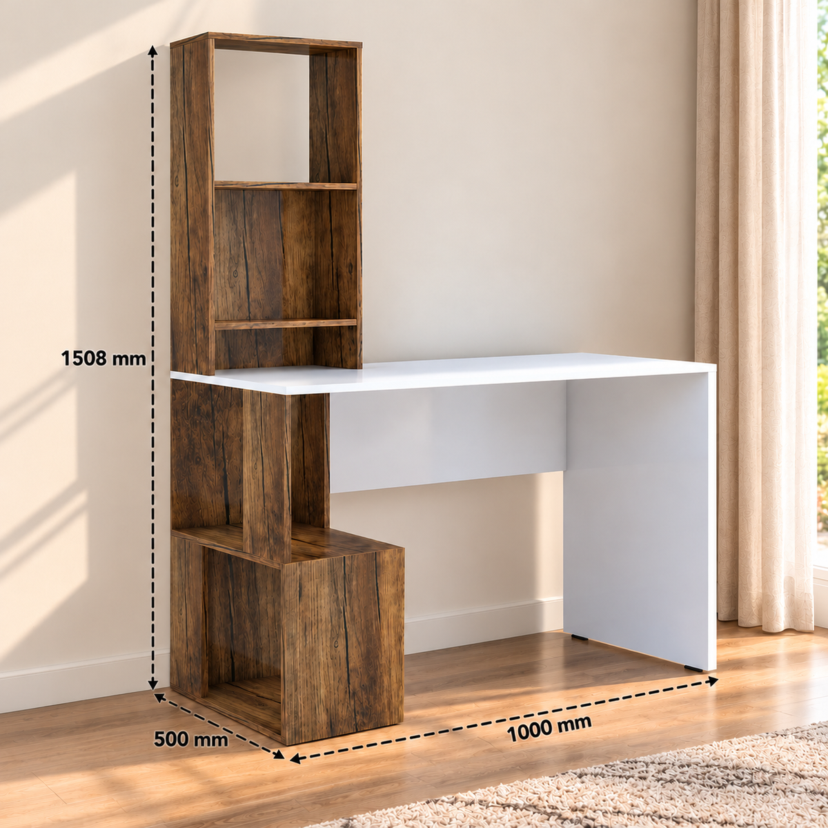 KLAXON Modern Computer Desk & Study Table with Bookshelf Storage | Wooden Home Office Workstation with Spacious Tabletop & Open Shelves | Laptop, Writing & Gaming Desk for Home & Office | White & Forest Dark Finish