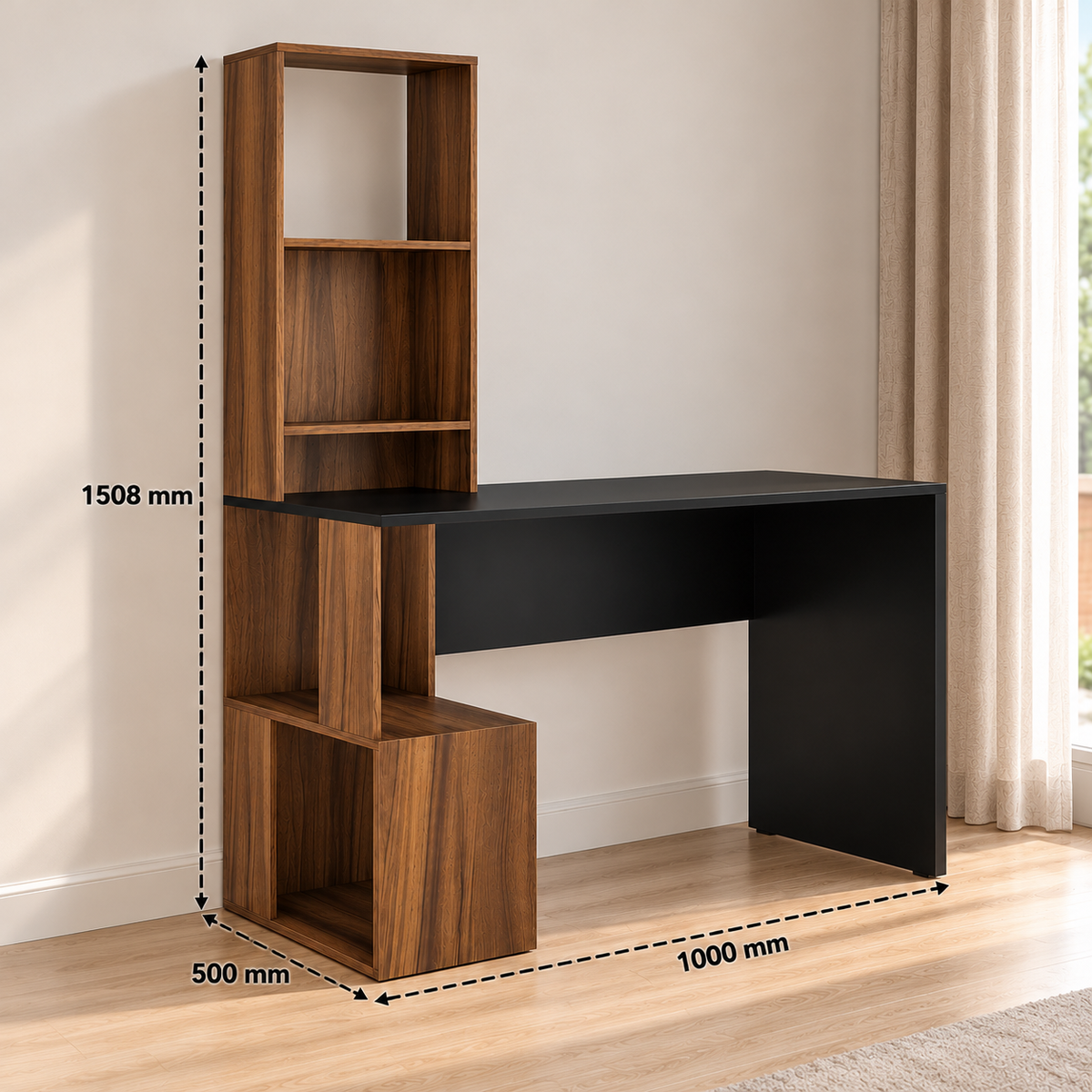 KLAXON Modern Computer Desk & Study Table with Bookshelf Storage | Wooden Home Office Workstation with Spacious Tabletop & Open Shelves | Laptop, Writing & Gaming Desk for Home & Office | Black & Asian Walnut Finish