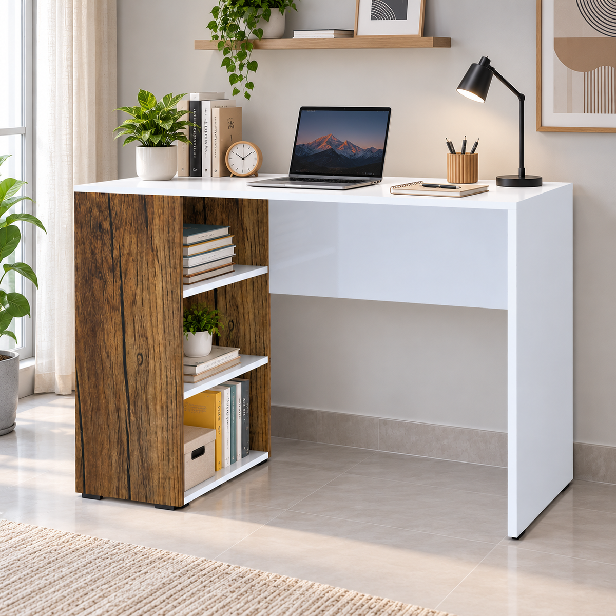 KLAXON Study Table for Home & Office | Modern White &  Forest Dark  Computer Desk with Bookshelf & Storage Shelves | Engineered Wood Writing Table, Laptop Desk & Workstation for Students and Professionals