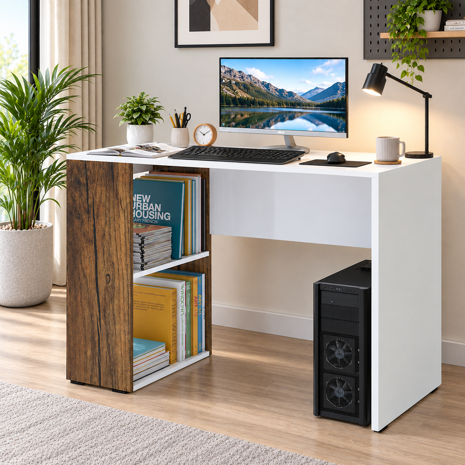 
KLAXON Computer Table & Study Desk for Home & Office | Modern White & Forest Dark Engineered Wood Desk with Side Bookshelf & Storage Shelves | Multipurpose Laptop Table, Writing Desk & Workstation