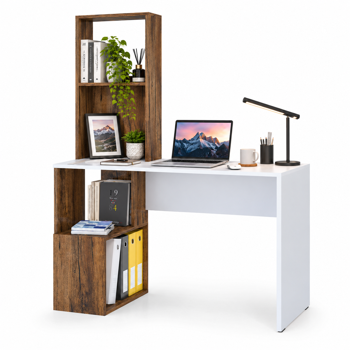 KLAXON Modern Computer Desk & Study Table with Bookshelf Storage | Wooden Home Office Workstation with Spacious Tabletop & Open Shelves | Laptop, Writing & Gaming Desk for Home & Office | White & Forest Dark Finish