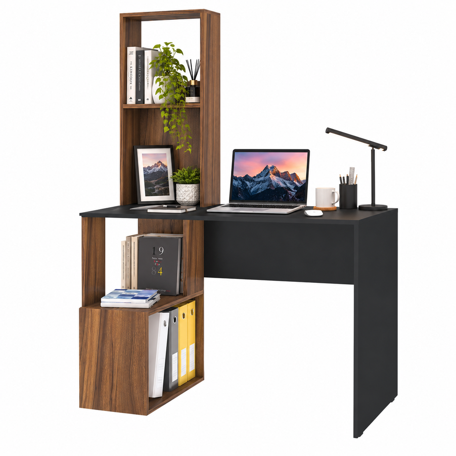 
KLAXON Modern Computer Desk & Study Table with Bookshelf Storage | Wooden Home Office Workstation with Spacious Tabletop & Open Shelves | Laptop, Writing & Gaming Desk for Home & Office | Black & Asian Walnut Finish