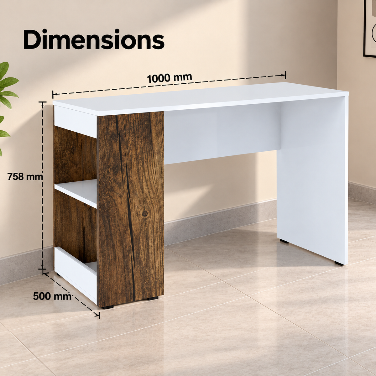 KLAXON Computer Table & Study Desk for Home & Office | Modern White & Forest Dark Engineered Wood Desk with Side Bookshelf & Storage Shelves | Multipurpose Laptop Table, Writing Desk & Workstation