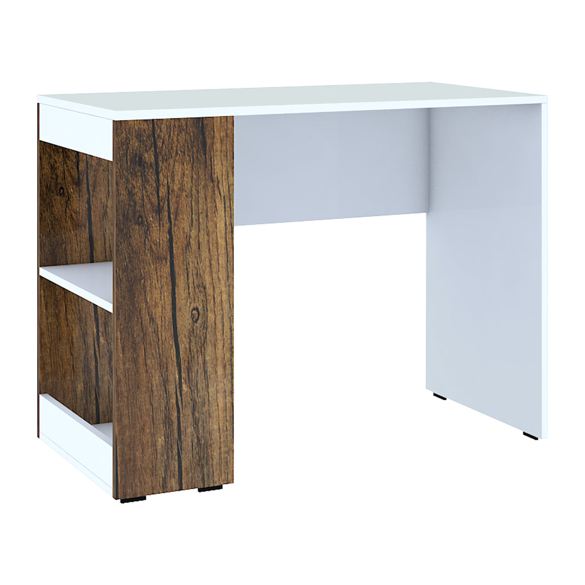 KLAXON Computer Table & Study Desk for Home & Office | Modern White & Forest Dark Engineered Wood Desk with Side Bookshelf & Storage Shelves | Multipurpose Laptop Table, Writing Desk & Workstation