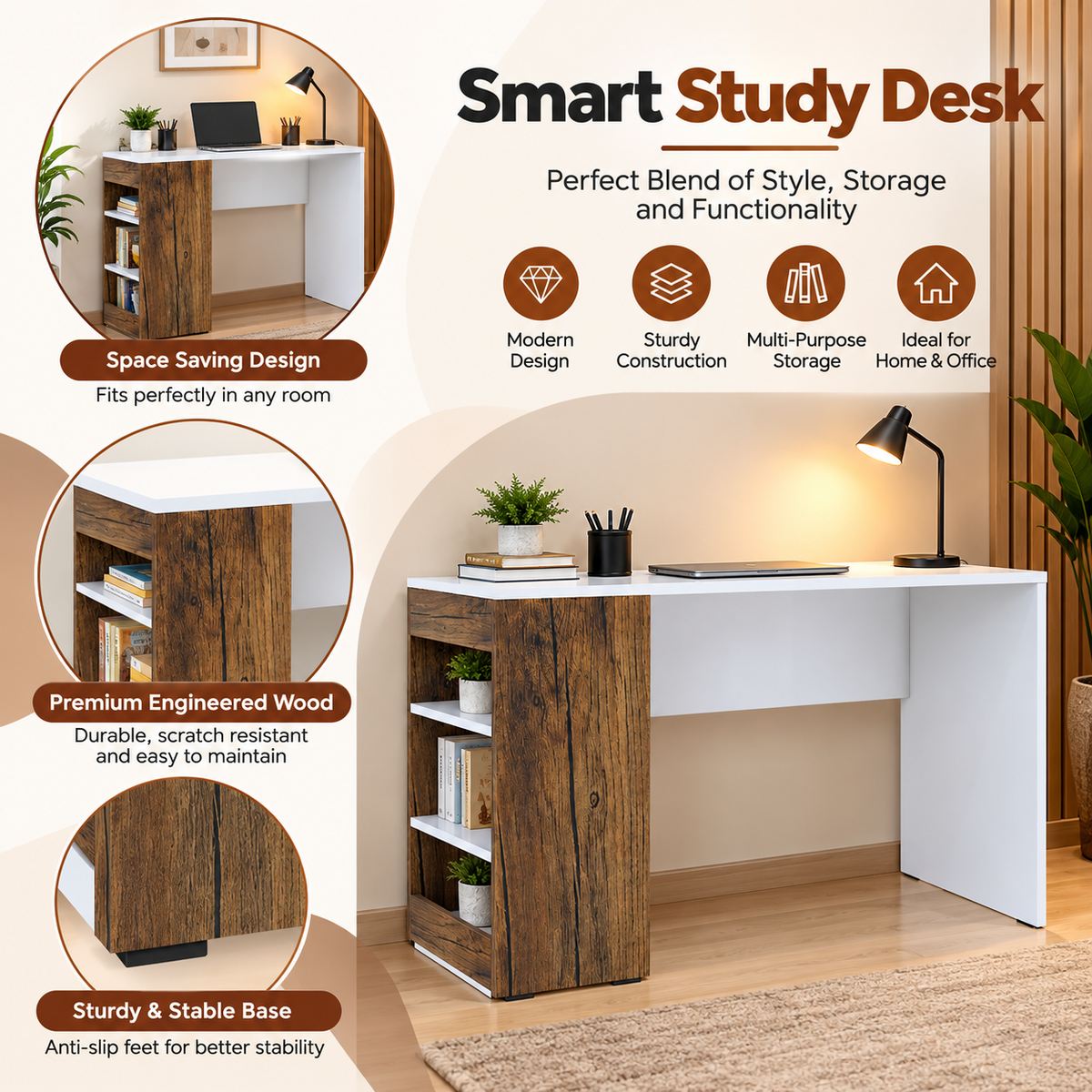 KLAXON Study Table for Home & Office | Modern White &  Forest Dark  Computer Desk with Bookshelf & Storage Shelves | Engineered Wood Writing Table, Laptop Desk & Workstation for Students and Professionals