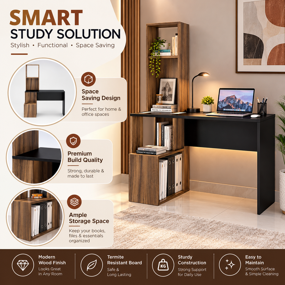 
KLAXON Modern Computer Desk & Study Table with Bookshelf Storage | Wooden Home Office Workstation with Spacious Tabletop & Open Shelves | Laptop, Writing & Gaming Desk for Home & Office | Black & Asian Walnut Finish
