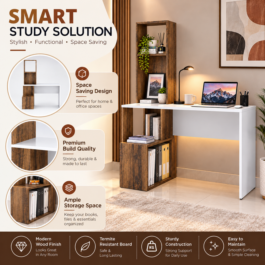 
KLAXON Modern Computer Desk & Study Table with Bookshelf Storage | Wooden Home Office Workstation with Spacious Tabletop & Open Shelves | Laptop, Writing & Gaming Desk for Home & Office | White & Forest Dark Finish