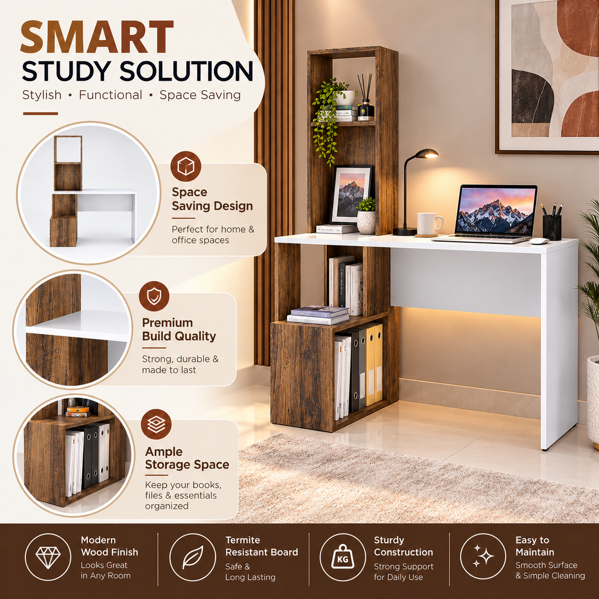 KLAXON Modern Computer Desk & Study Table with Bookshelf Storage | Wooden Home Office Workstation with Spacious Tabletop & Open Shelves | Laptop, Writing & Gaming Desk for Home & Office | White & Forest Dark Finish