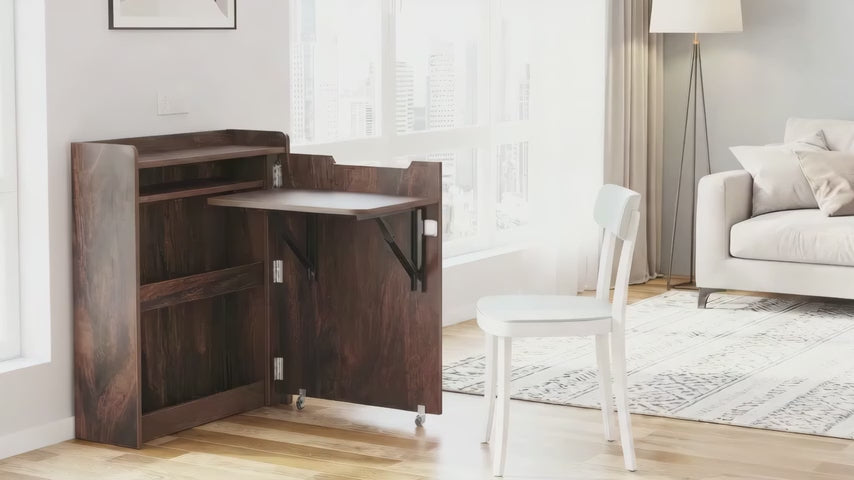 Klaxon Foldable Study Table with Drawer & Storage Shelf | Compact Desk for Home & Students | Folding Design with Lockable Wheels. (Black, DIY Installation)